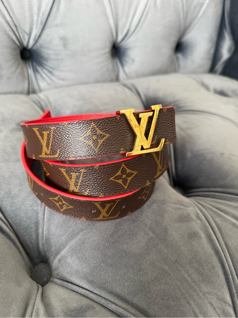 Louis Vuitton Brown Red Monogram Belt reversible Gold LV Buckle size 85 - Picture 3 of 7